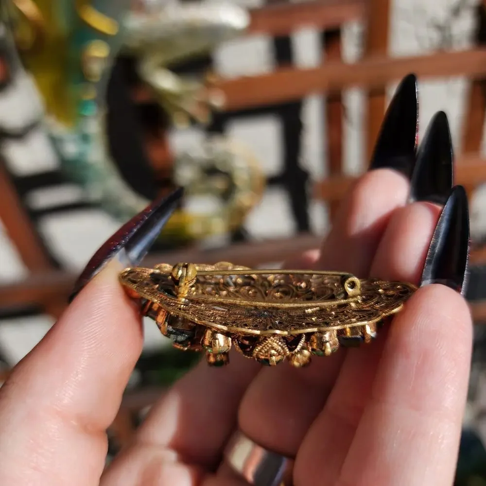 Vtg Made Germany Brooch Green Glass AB Rhinestone Gold Tone Filigree Pre 1949 - Picture 7 of 12